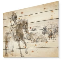 Дизајн на „Индиски шеф за возење коњ“ скица на индиски животни кои сликаат печатење на природно бор дрво