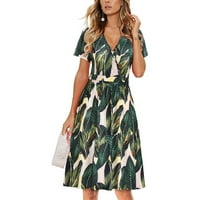 Зелени Фустани За Женски Кратки Ракави Обични Цветни Печатење Плажа Макси Лабава Облека
