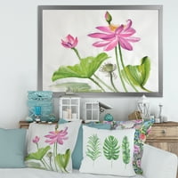 DesignArt 'Две розови лотос цвеќиња со традиционално врамен уметнички принт на зелени лисја'