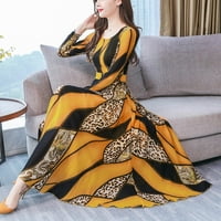 Следете Жени Мода Aut Дама О-Вратот Должина На Коленото Долг Ракав Леопард Печатење Фустан