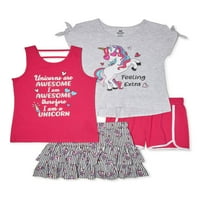Модни врвови со кратки ракави со розови кадифени девојки, шорцеви и здолништа, сет на облека од 4 парчиња, големини 4-12