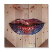 Дизајн на „убави жени усни со црвен и сино кармин“ модерен отпечаток на природно бор дрво