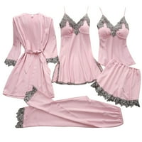 Pajamas All For Women 5-Piece Women Garter Lingerie Set Robes Lace Bodysuit Deep-V Neck Underwear Pink S