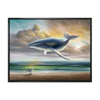 Кит лебди на небото над плажа, врамена слика за сликање на платно, уметнички принт