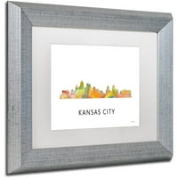 Трговска марка ликовна уметност „Канзас Сити Мисури Скајлин ВБ-1“ платно уметност од Марлен Вотсон, бел мат, сребрена рамка