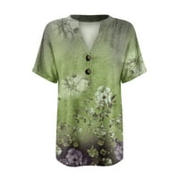 Блузи За Жени В-Вратот Печатени Блуза Краток Ракав Копче Зелена М