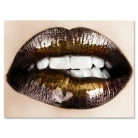 DesignArt 'Златни црни усни гризени' модерни печатени wallидни печатени платно