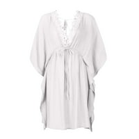 Бикоасу Клиренс Жените V-Вратот Краток Ракав Сонце Фустан Солидна Плажа Лето Над Коленото Фустани Бела XL