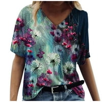 Блузи За Жени Лето Повик V-Вратот Краток Ракав Маици Гроздобер Печатење Блузи XL