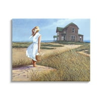 Tupleple Industries Woman Woman Standing Windswept Breeze Distant Beach House House Gallery завиткана од платно печатење wallидна