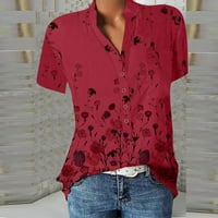 Женски Печатени V-Вратот Кратки ракави Кошула Пуловер Лабава Блуза Блузи жени врвови Црвена XL